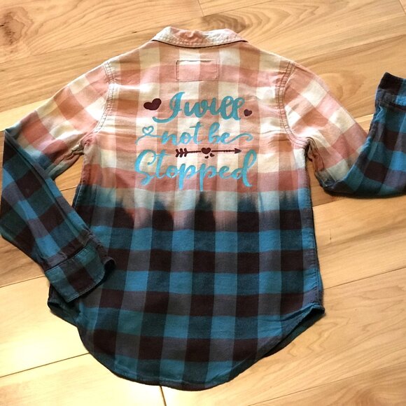 Upcycled Bleach Dyed Flannel Girl’s Shirt Size 8: Painted Inspirational Quote - Picture 11 of 11